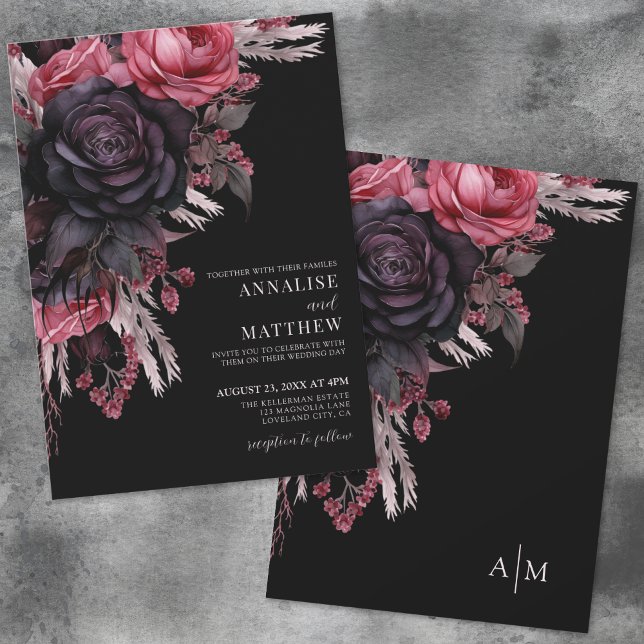 Convites Casamento Floral Negro Vermelho Elegante (Elegant Red Black Floral Wedding Invitation)