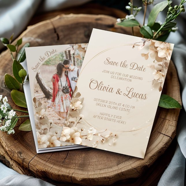 Convites Casamento Floral Neutral Elegante, Salve a Data (Criador carregado)