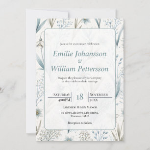 Convites Casamento Floral Nórdico Turquesa Elegante Minimal