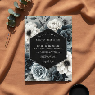Convites Casamento Floral Noturno Azul Ardesia