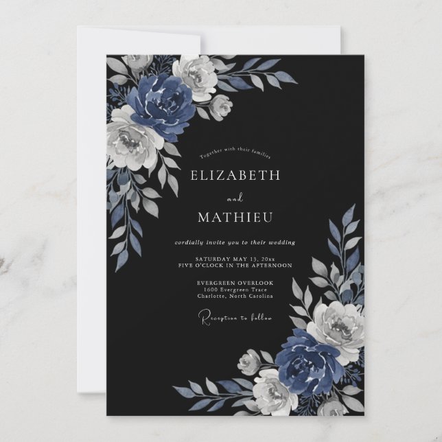 Convites Casamento Floral Noturno Azul Naval (Frente)