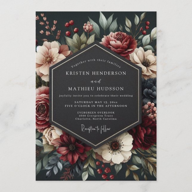 Convites Casamento Floral Noturno Borgonha (Frente)