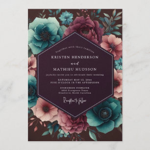 Convites Casamento Floral Noturno de Ameixa e Azul Turquesa