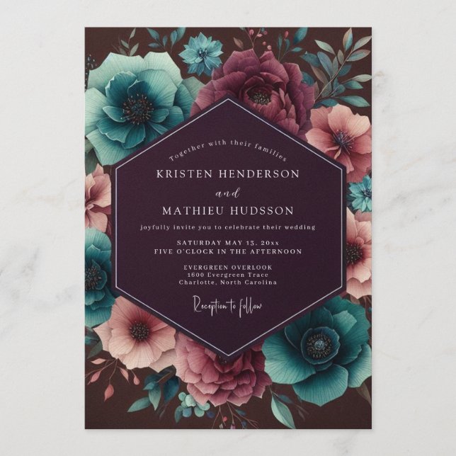 Convites Casamento Floral Noturno de Ameixa e Azul Turquesa (Frente)