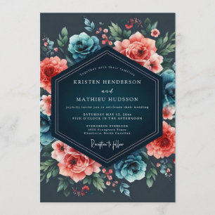 Convites Casamento Floral Noturno em Verde Água e Coral