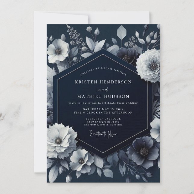 Convites Casamento Floral Noturno Marinho (Frente)