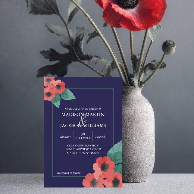 Convites Casamento Floral Noturno Noturno Blue Poppies (Criador carregado)