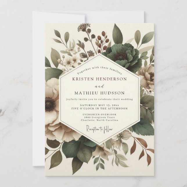Convites Casamento Floral Oliva Antigo (Frente)
