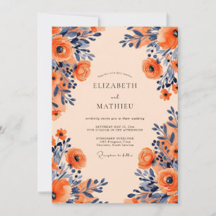 Convites Casamento Floral Opulento Apricot Navy