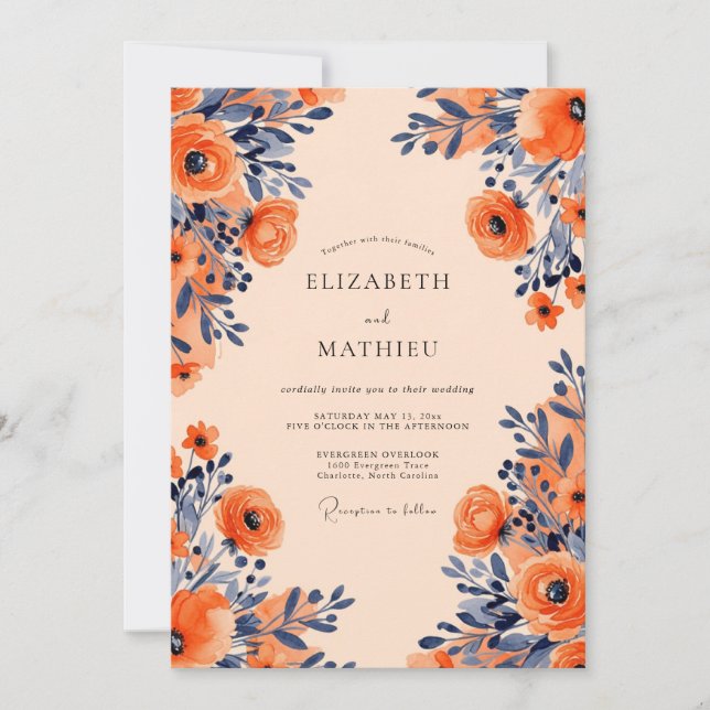 Convites Casamento Floral Opulento Apricot Navy (Frente)