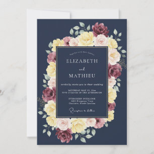 Convites Casamento Floral Opulento Azul Naval