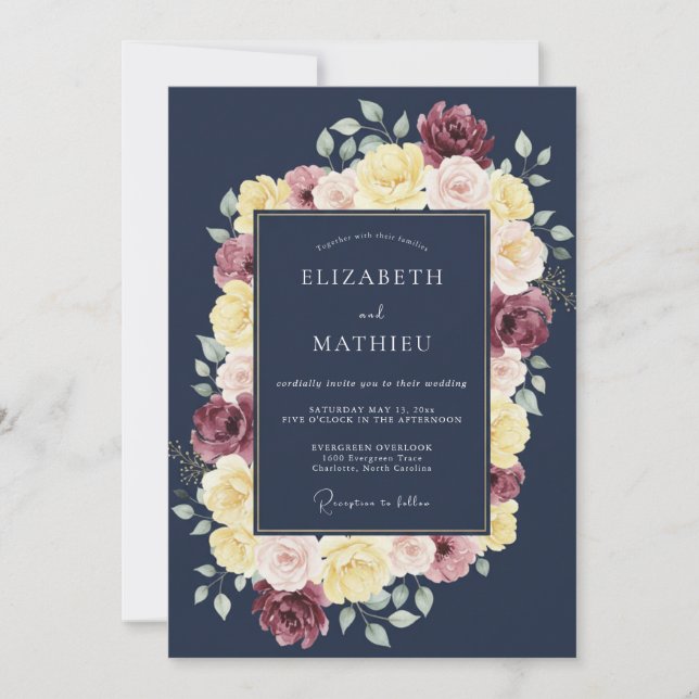 Convites Casamento Floral Opulento Azul Naval (Frente)
