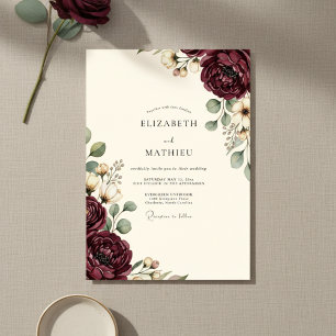 Convites Casamento Floral Opulento Borgonha