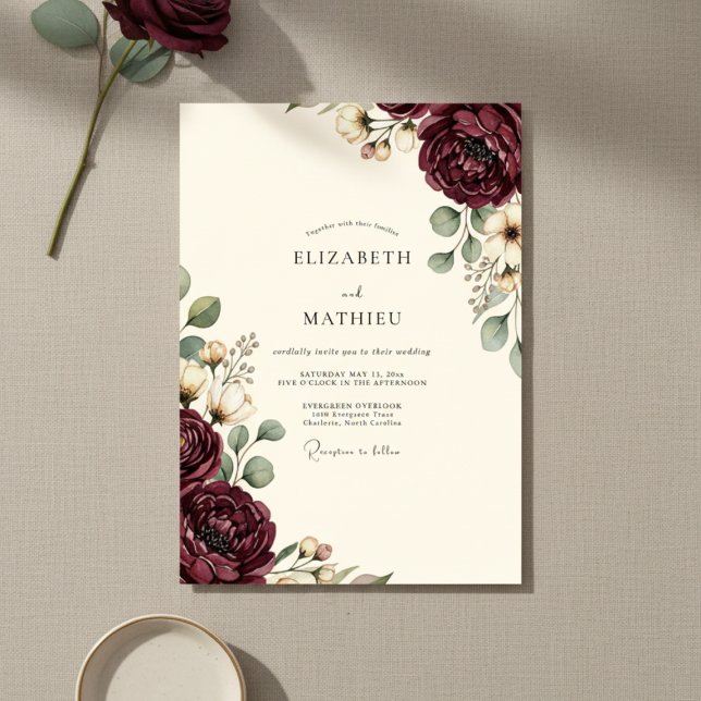 Convites Casamento Floral Opulento Borgonha (Criador carregado)