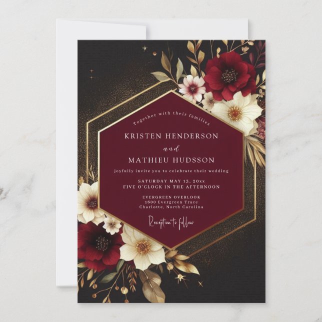 Convites Casamento Floral Opulento Borgonha (Frente)