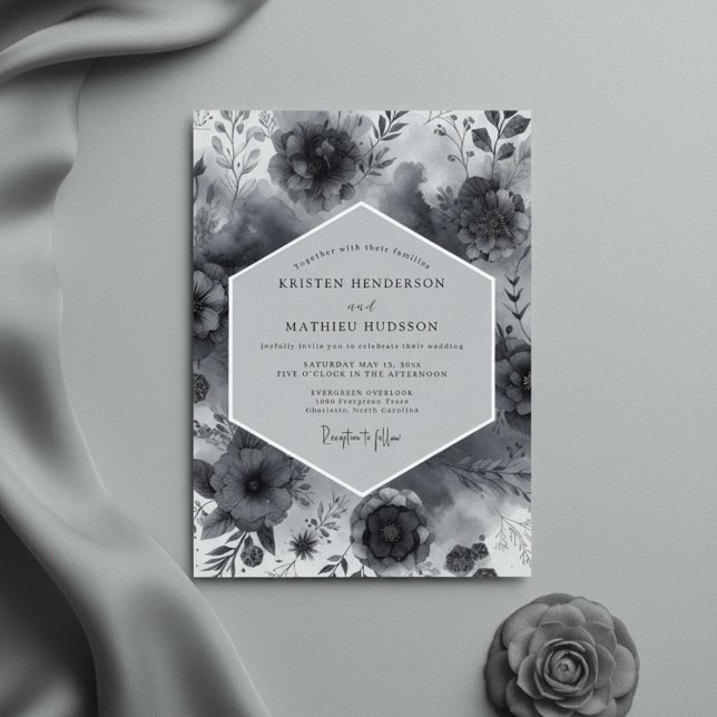Convites Casamento Floral Opulento de Carvão (Criador carregado)