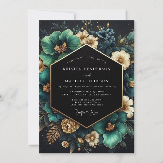Convites Casamento Floral Opulento em Verde Azul (Frente)