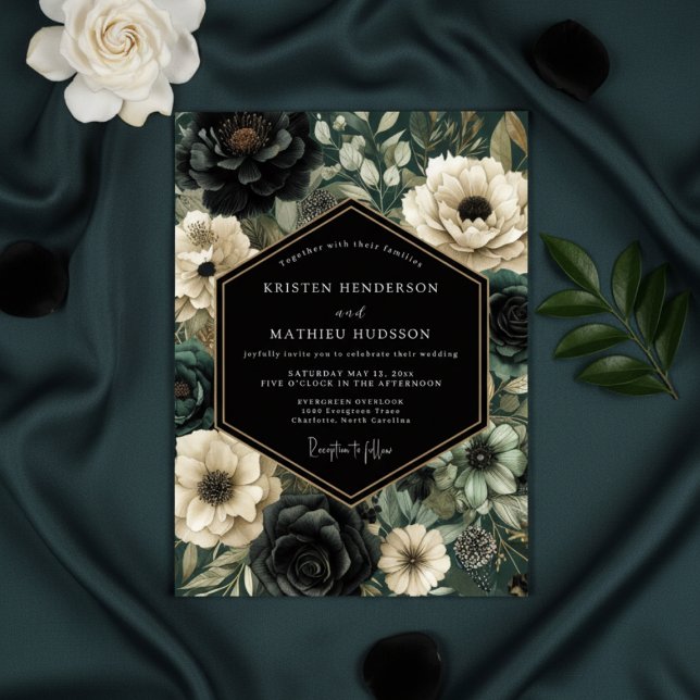Convites Casamento Floral Opulento Preto e Sombrio (Criador carregado)