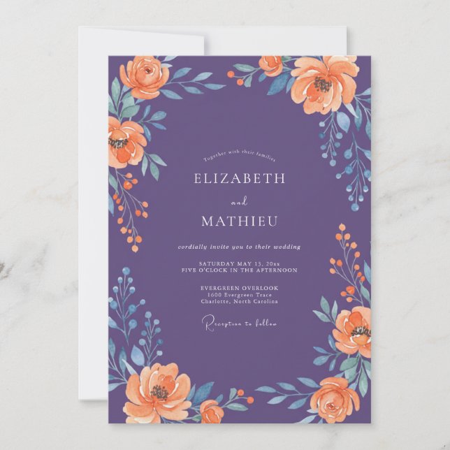 Convites Casamento Floral Opulento Roxo (Frente)