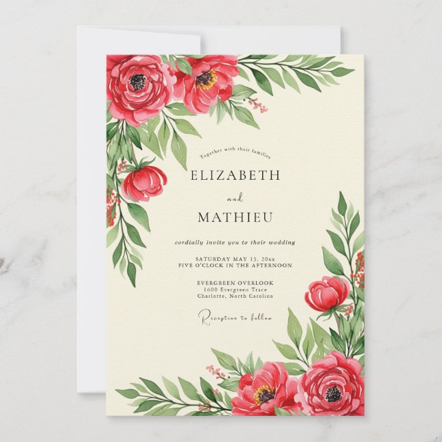 Convites Casamento Floral Opulento Vermelho (Frente)