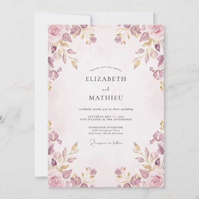 Convites Casamento Floral Ornamentado Malva (Frente)