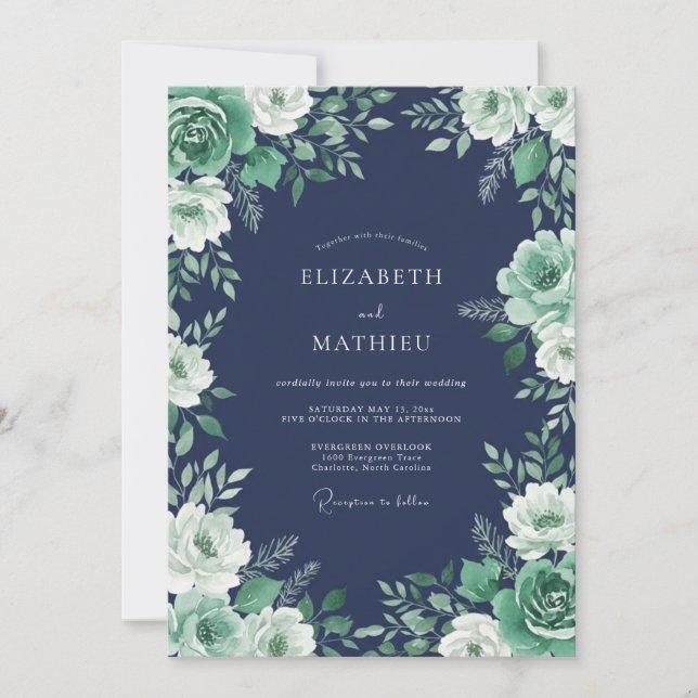 Convites Casamento Floral Ornate Azul Marinho (Frente)