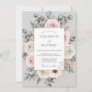 Convites Casamento Floral Ornate Carvão Rosado