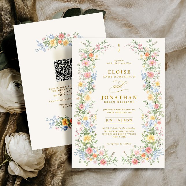 Convites Casamento Floral Ornate com QR Code em Pastel Suav (Soft Pastel Ornate Spring Floral QR Code Wedding Invitation)