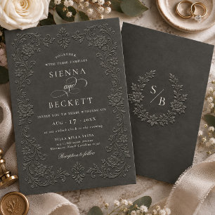Convites Casamento Floral Ornate de Estilo Relevo Creme Ele