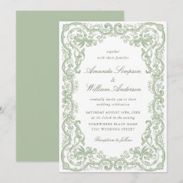 Convites Casamento Floral Ornate Renascença Verde Sálvia