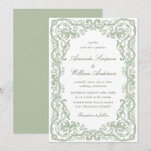 Convites Casamento Floral Ornate Renascença Verde Sálvia