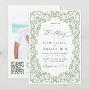 Convites Casamento Floral Ornate Renascença Verde Sálvia