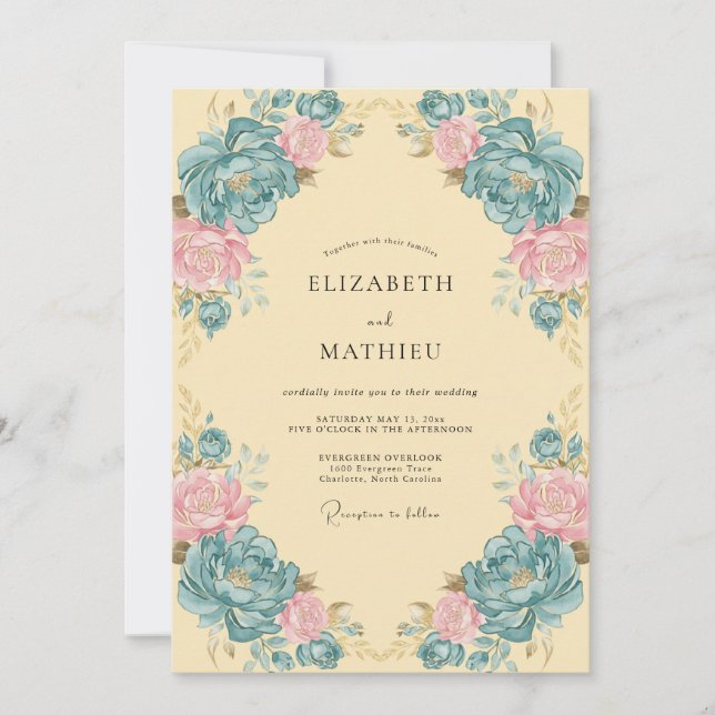 Convites Casamento Floral Ornate Turquesa (Frente)