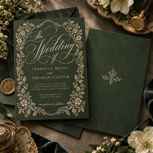 Convites Casamento Floral Ornate Verde Floresta Vintage