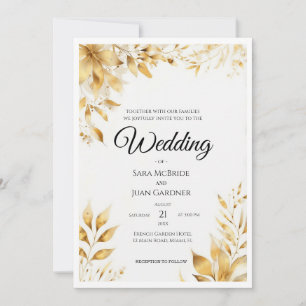 Convites Casamento Floral Ouro Elegante