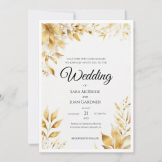 Convites Casamento Floral Ouro Elegante