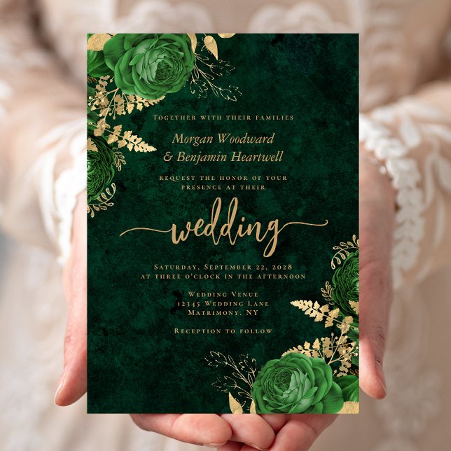 Convites Casamento Floral Ouro Verde Esmeralda (Criador carregado)