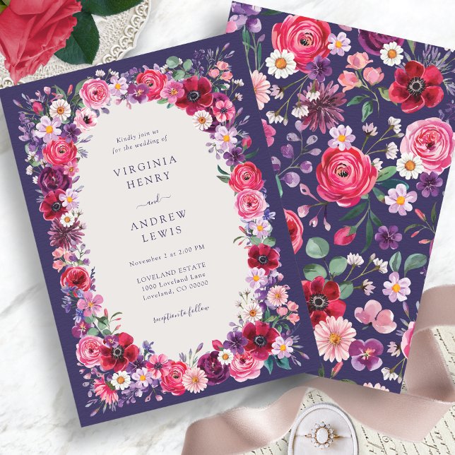 Convites Casamento Floral Ousado (Navy Blue Bold Watercolor Floral Wedding Invitation by Painted Paperie
)