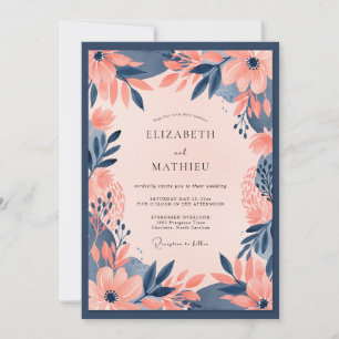 Convites Casamento Floral Ousado Azul Naval Pêssego