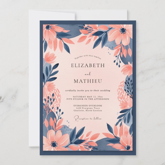 Convites Casamento Floral Ousado Azul Naval Pêssego (Frente)