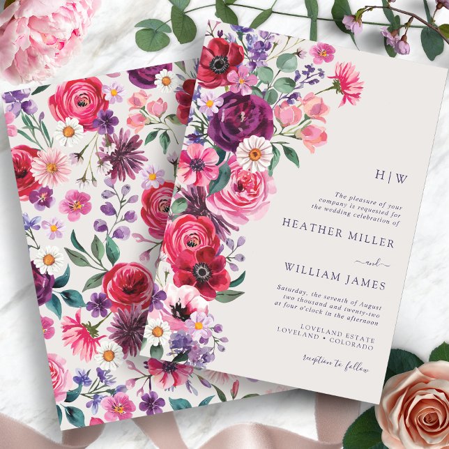 Convites Casamento Floral Ousado e Vibrante (Bold Bright Watercolor Floral Wedding Invitation by Painted Paperie
)