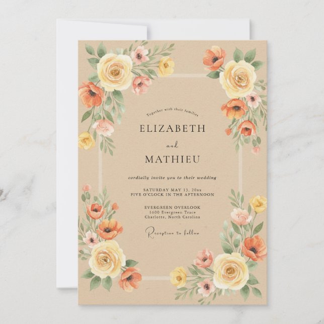 Convites Casamento Floral Outonal Areia Quente (Frente)