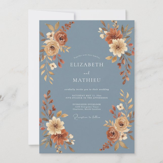 Convites Casamento Floral Outonal Azul Ardesia (Frente)