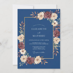 Convites Casamento Floral Outonal Azul Marinho Sombrio