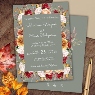 Convites Casamento Floral Outonal Bege Verde Sálvia