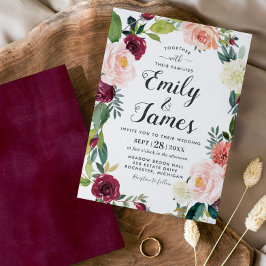 Convites Casamento Floral Outonal Burgundy Blush Moderno Sc