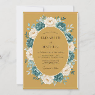 Convites Casamento Floral Outonal Creme Azul