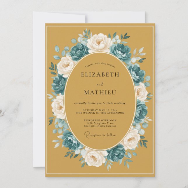 Convites Casamento Floral Outonal Creme Azul (Frente)