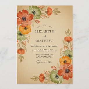 Convites Casamento Floral Outonal de Laranja Queimada