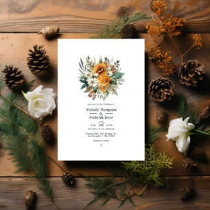 Convites Casamento Floral Outonal de Marrom Dourado e Verde